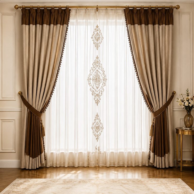 Custom curtains in Khalifa City Abu Dhabi by HomeDecor UAE for modern villas, apartments, bedrooms, living rooms, and majlis interiors
