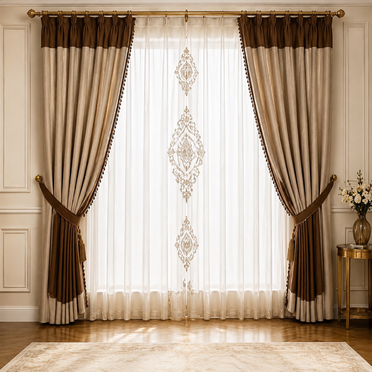 Custom curtains in Khalifa City Abu Dhabi by HomeDecor UAE for modern villas, apartments, bedrooms, living rooms, and majlis interiors
