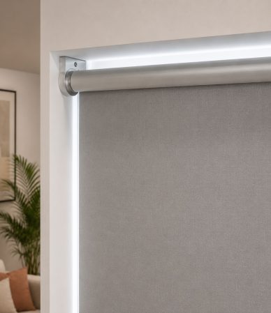 Close-up view of a modern grey roller blind installed near Dragon Mart Dubai by HomeDecor UAE.