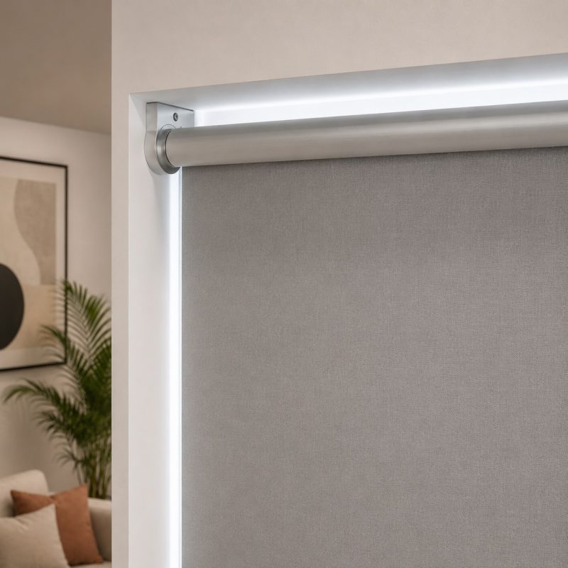 Close-up view of a modern grey roller blind installed near Dragon Mart Dubai by HomeDecor UAE.