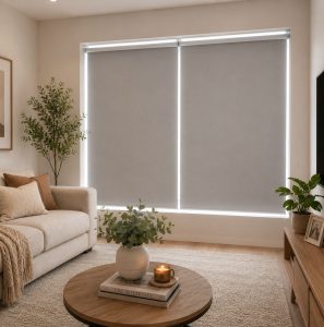 Modern roller blinds near me installed in a stylish UAE living room