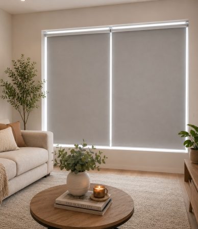 Modern roller blinds near me installed in a stylish UAE living room