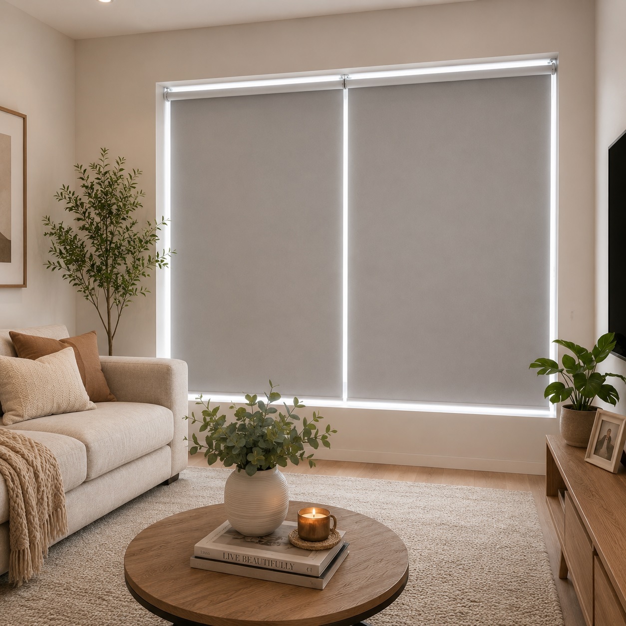 Modern roller blinds near me installed in a stylish UAE living room